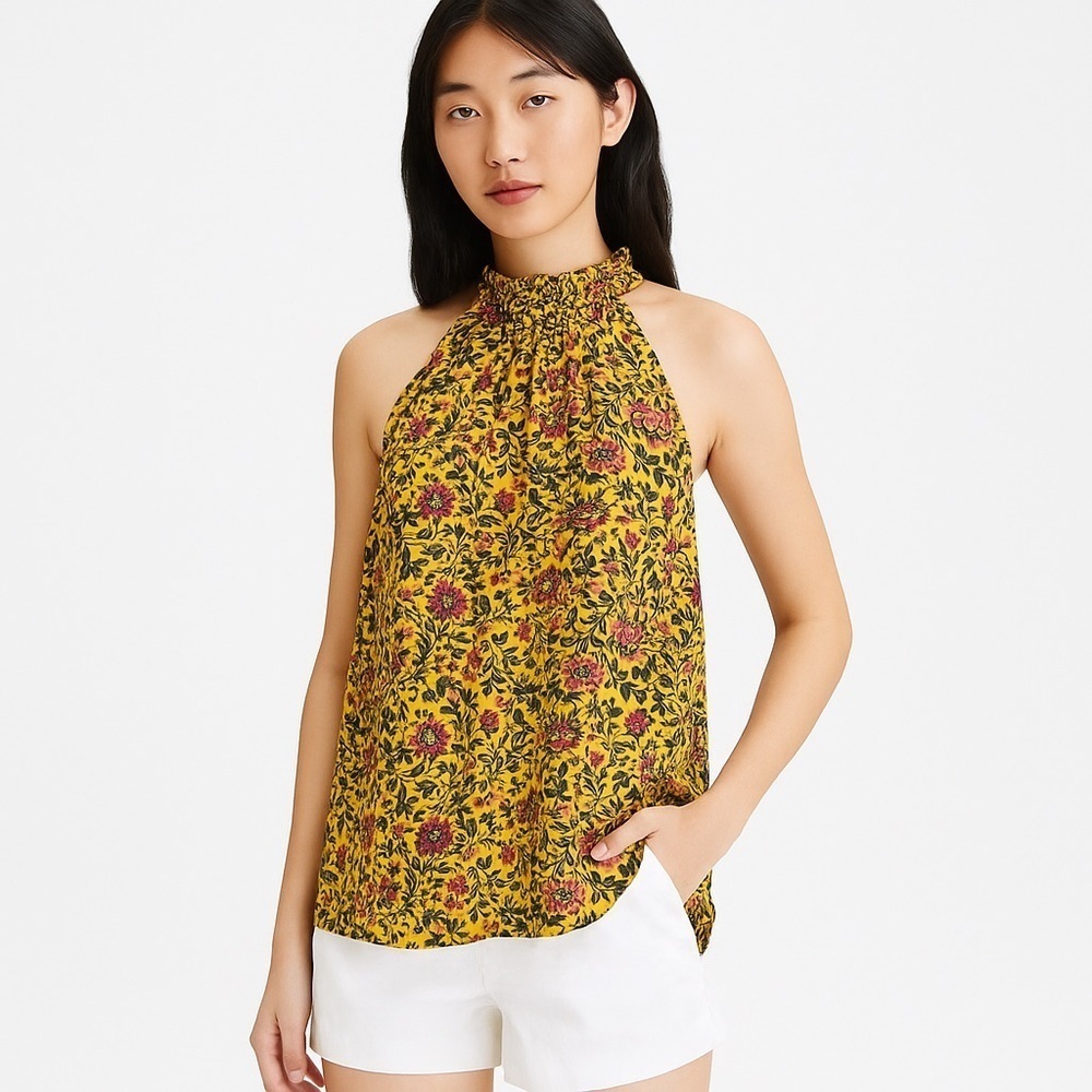 ANTHROPOLOGIE'S "Cynthia Rowley" Gold Floral Print Halter Style Tank Top Size S